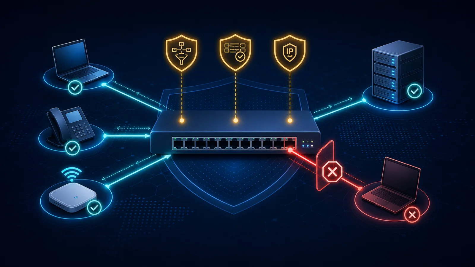 Topology kiểm thử DHCP Snooping, Dynamic ARP Inspection và IP Source Guard giữa client, switch access, DHCP server và máy tấn công