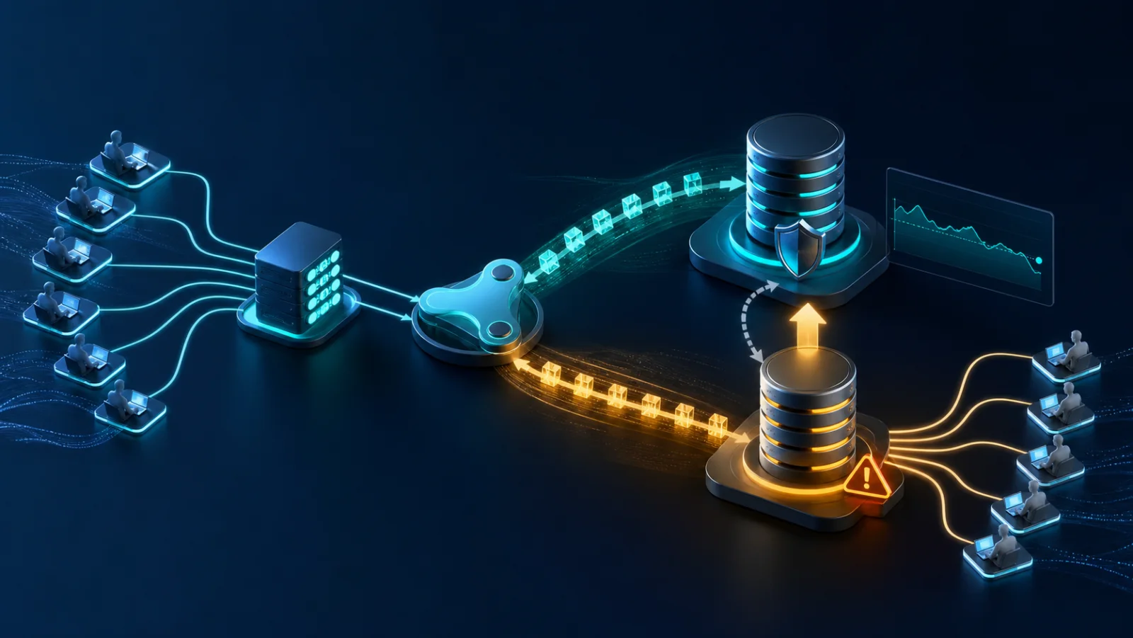 Thiết bị tạo tải kết nối qua pooler tới PostgreSQL primary và standby với điểm đo replica lag