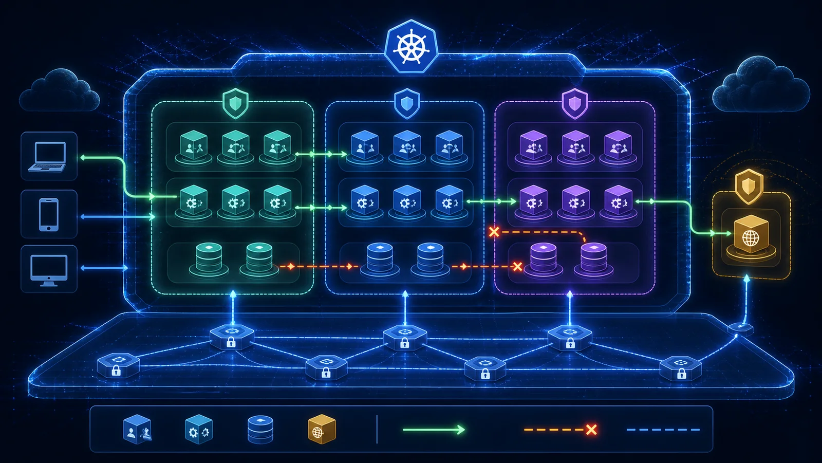Nhiều namespace Kubernetes với pod client, service, DNS và policy enforcement qua CNI