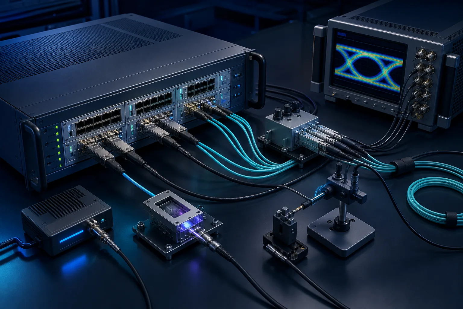 Hai cổng traffic generator nối loopback và qua thiết bị tham chiếu để hiệu chuẩn phòng lab