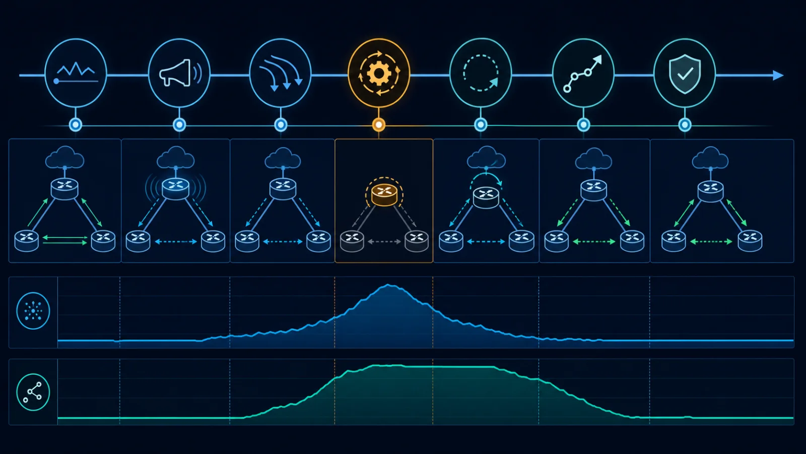 Timeline bảo trì OSPF liên kết LSA, route và packet loss