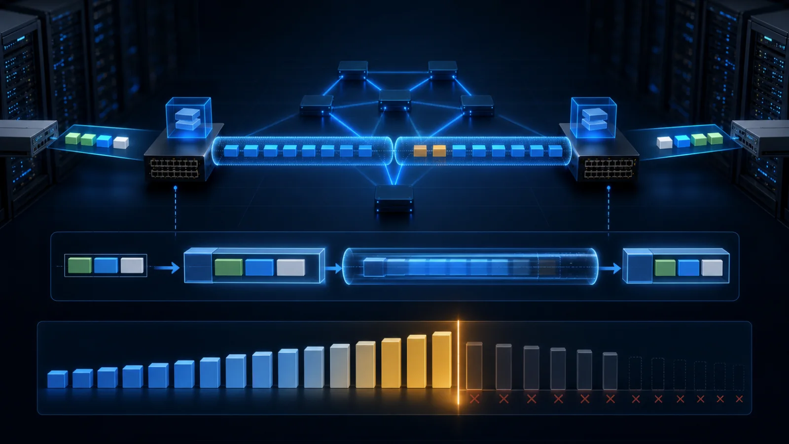 Hai VTEP đóng gói lưu lượng tenant qua underlay với các điểm đo MTU và packet loss