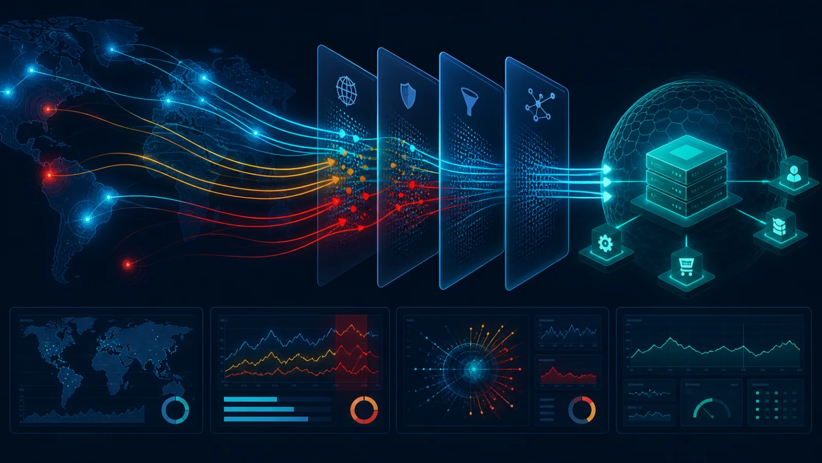 Lưu lượng hợp lệ và nhiều vector DDoS đi qua lớp edge tới ứng dụng với các điểm đo