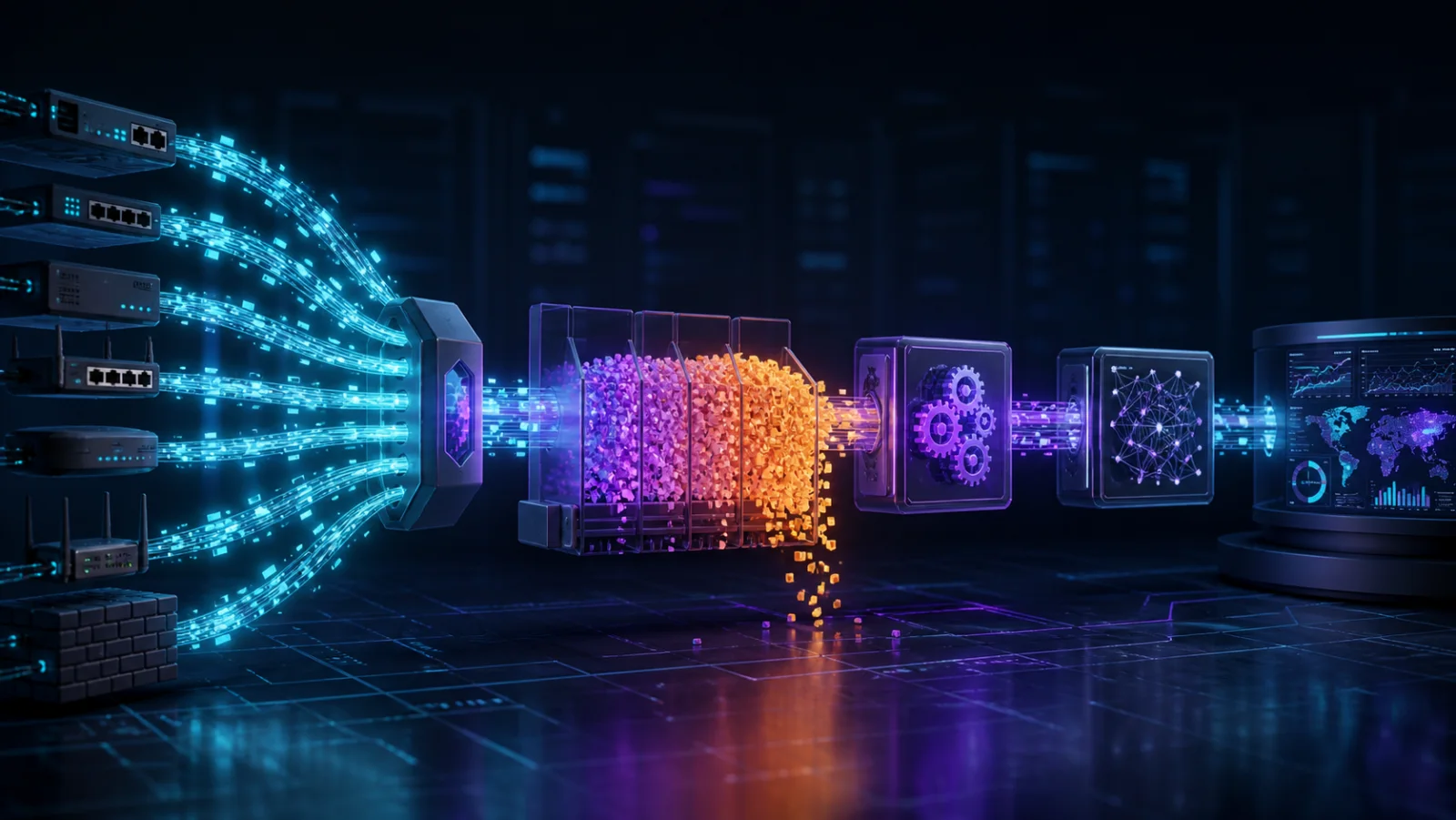 Nhiều thiết bị gửi Syslog qua relay và hàng đợi tới SIEM với các điểm đo loss và delay