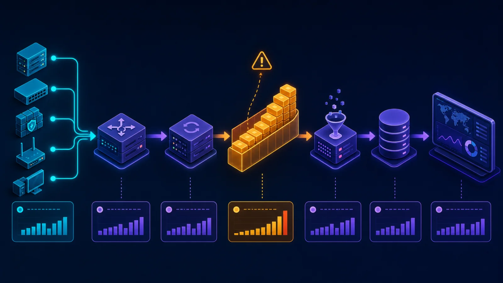 Các điểm đo loss, queue age và latency trong pipeline Syslog