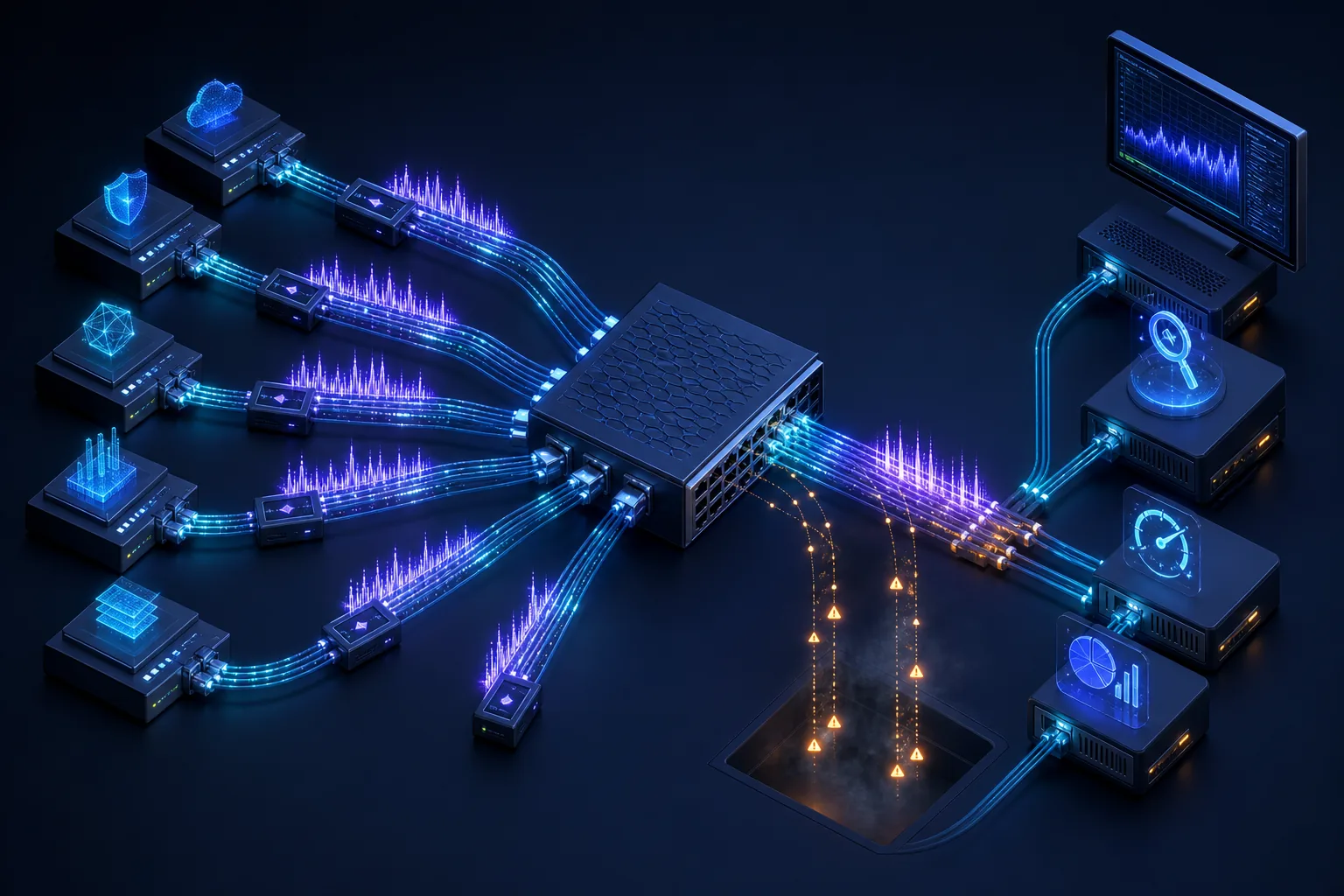 Topology nhiều nguồn TAP fan-in qua network packet broker tới công cụ giám sát