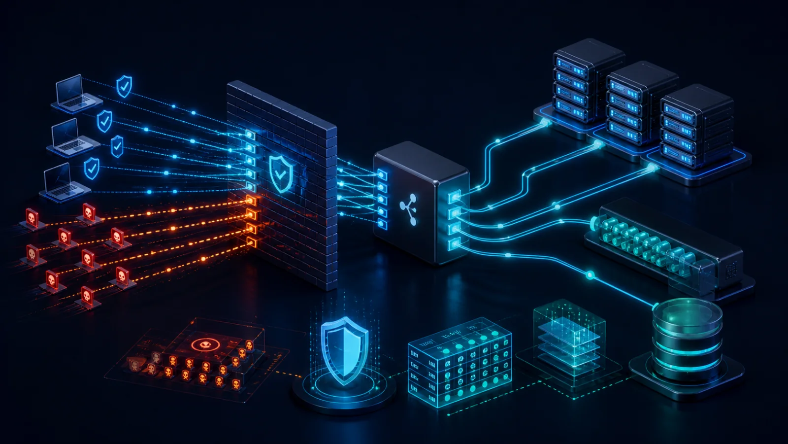 Client hợp lệ và nguồn SYN flood đi qua firewall load balancer tới cụm máy chủ với điểm đo handshake