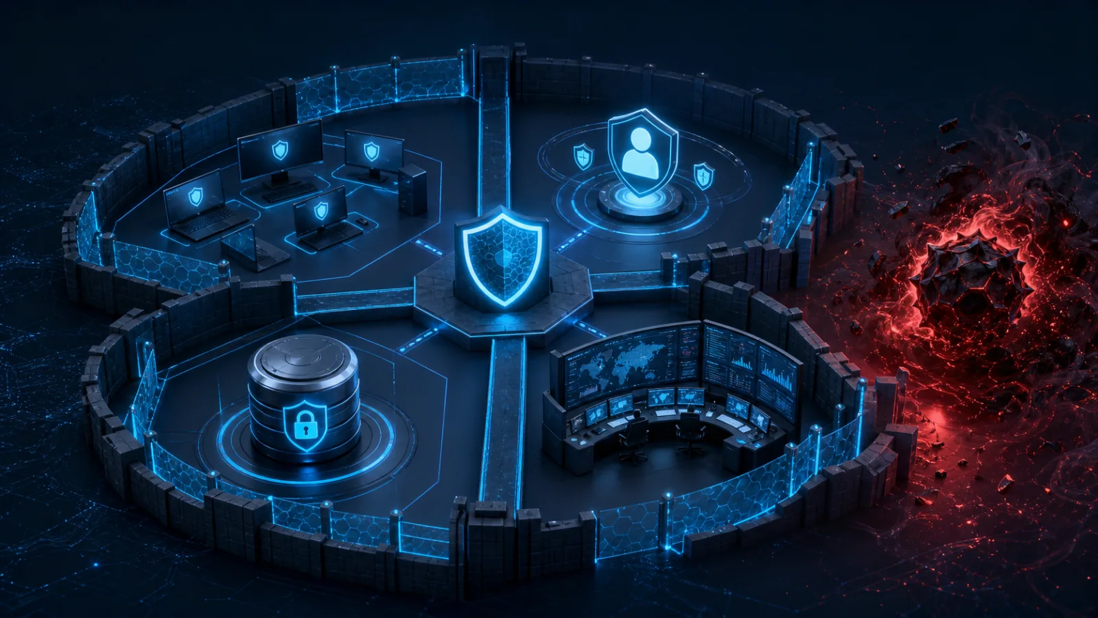 Mạng doanh nghiệp phân vùng endpoint, identity, backup và SOC để ứng phó ransomware