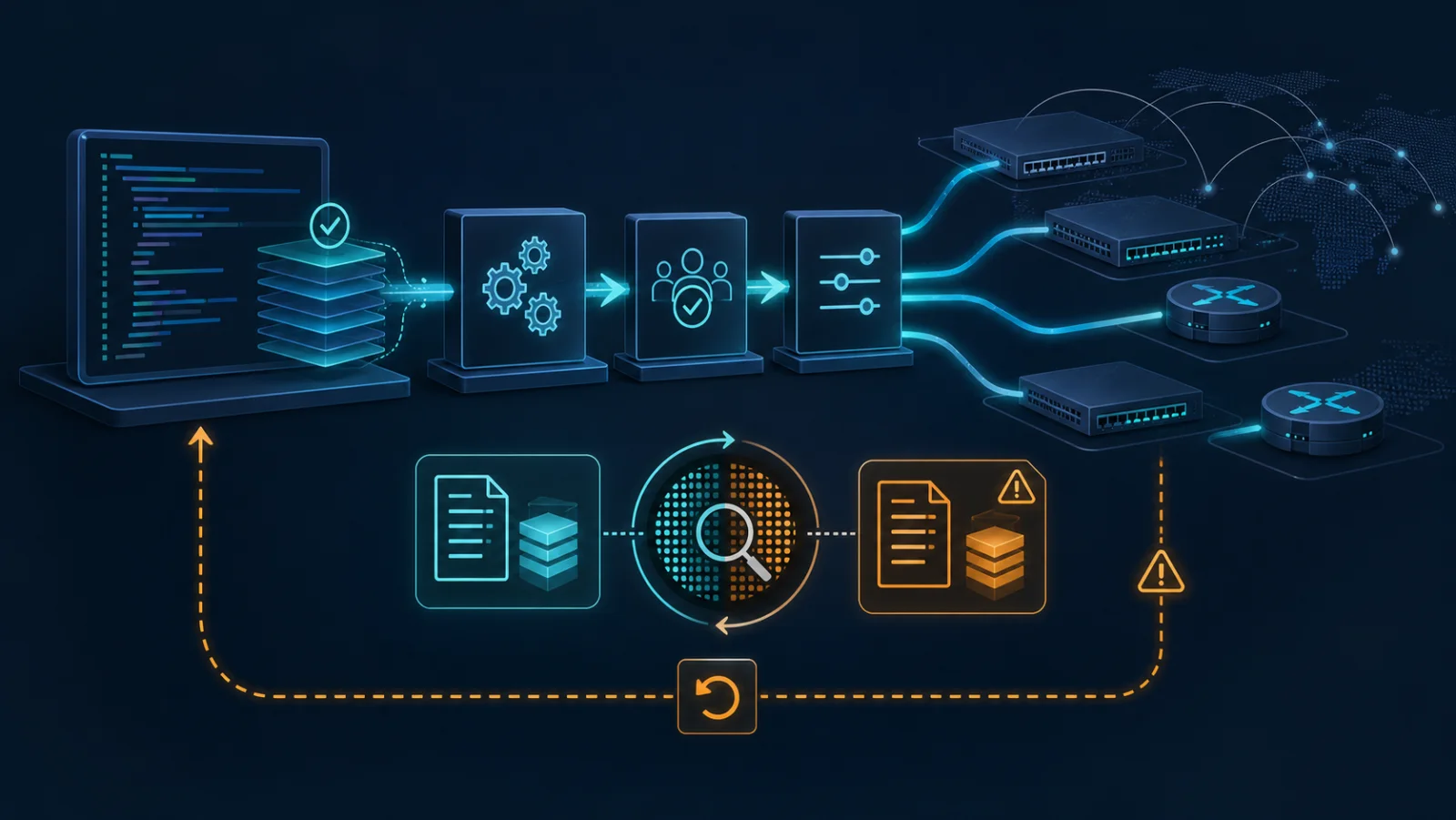 Pipeline tự động hóa đẩy cấu hình qua controller tới nhiều thiết bị và thu state validation