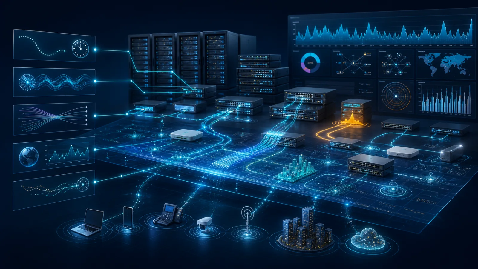 Kiến trúc giám sát kết hợp SNMP, model-driven telemetry, NetFlow, synthetic assurance và hệ thống phân tích