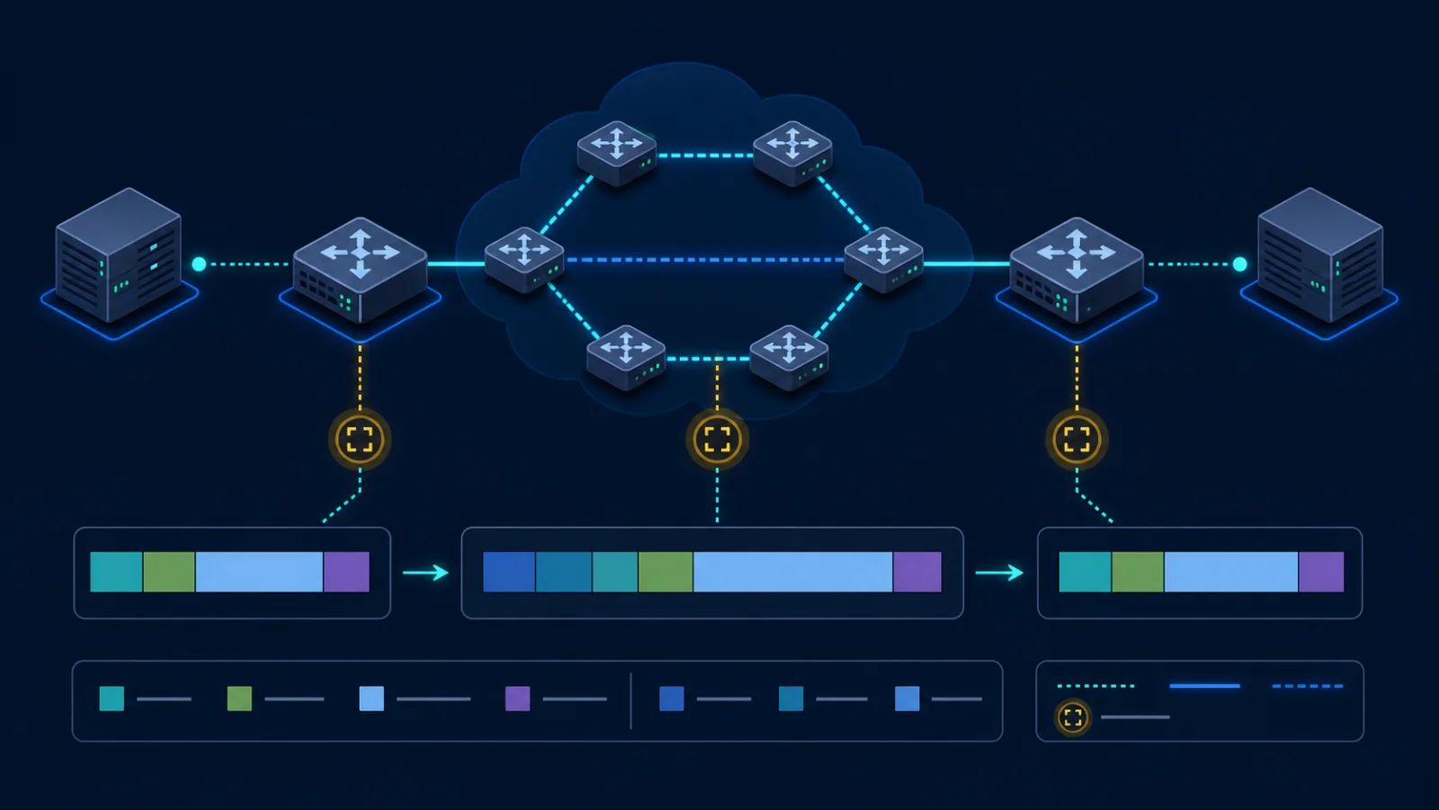VXLAN topology với điểm đo trước đóng gói, trên underlay và sau mở gói