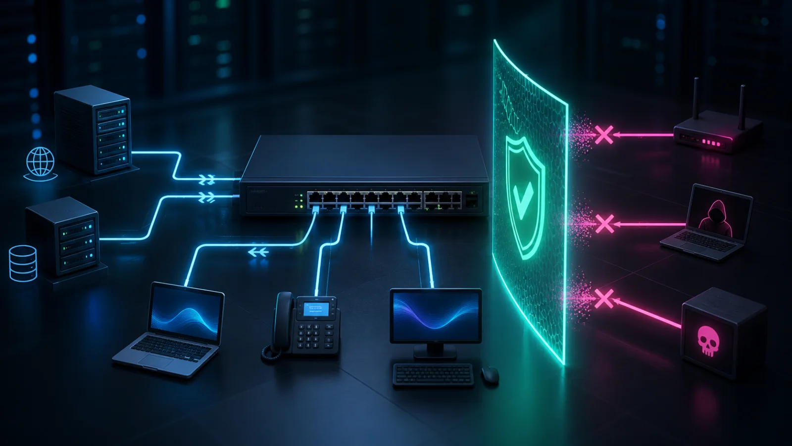 Client IPv6 kết nối switch access với router và DHCPv6 server tin cậy cùng nguồn rogue