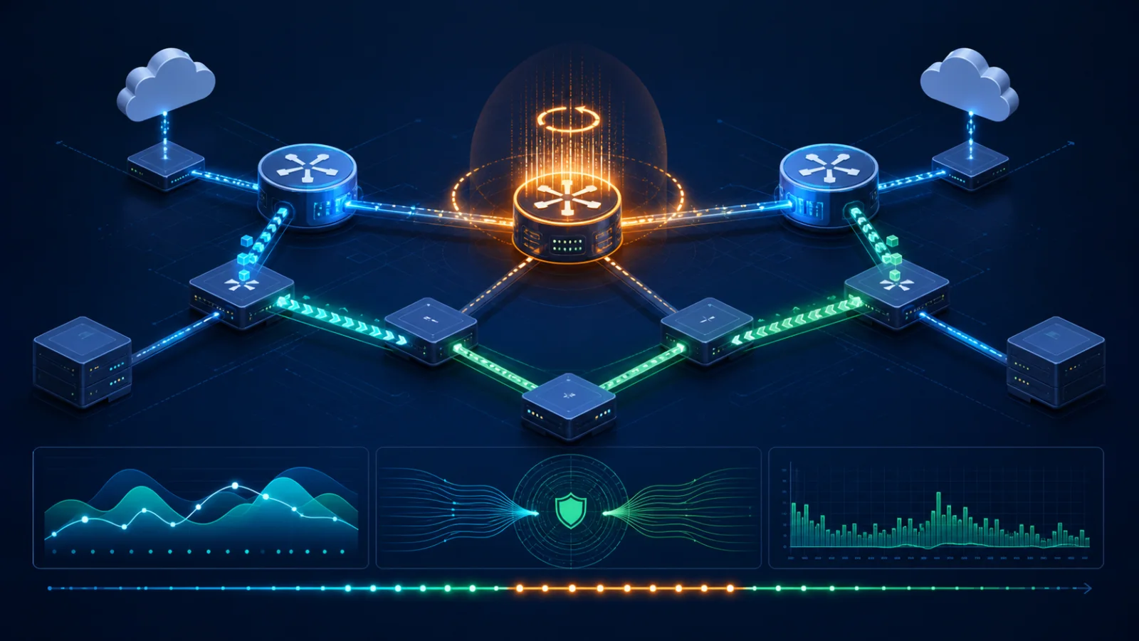 Topology OSPF gồm router helper, router restart và hai điểm phát thu lưu lượng