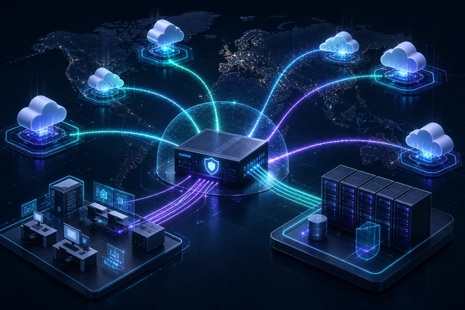 Kiến trúc hybrid SASE với điểm thực thi cloud và FortiSASE Outpost tại cơ sở khách hàng