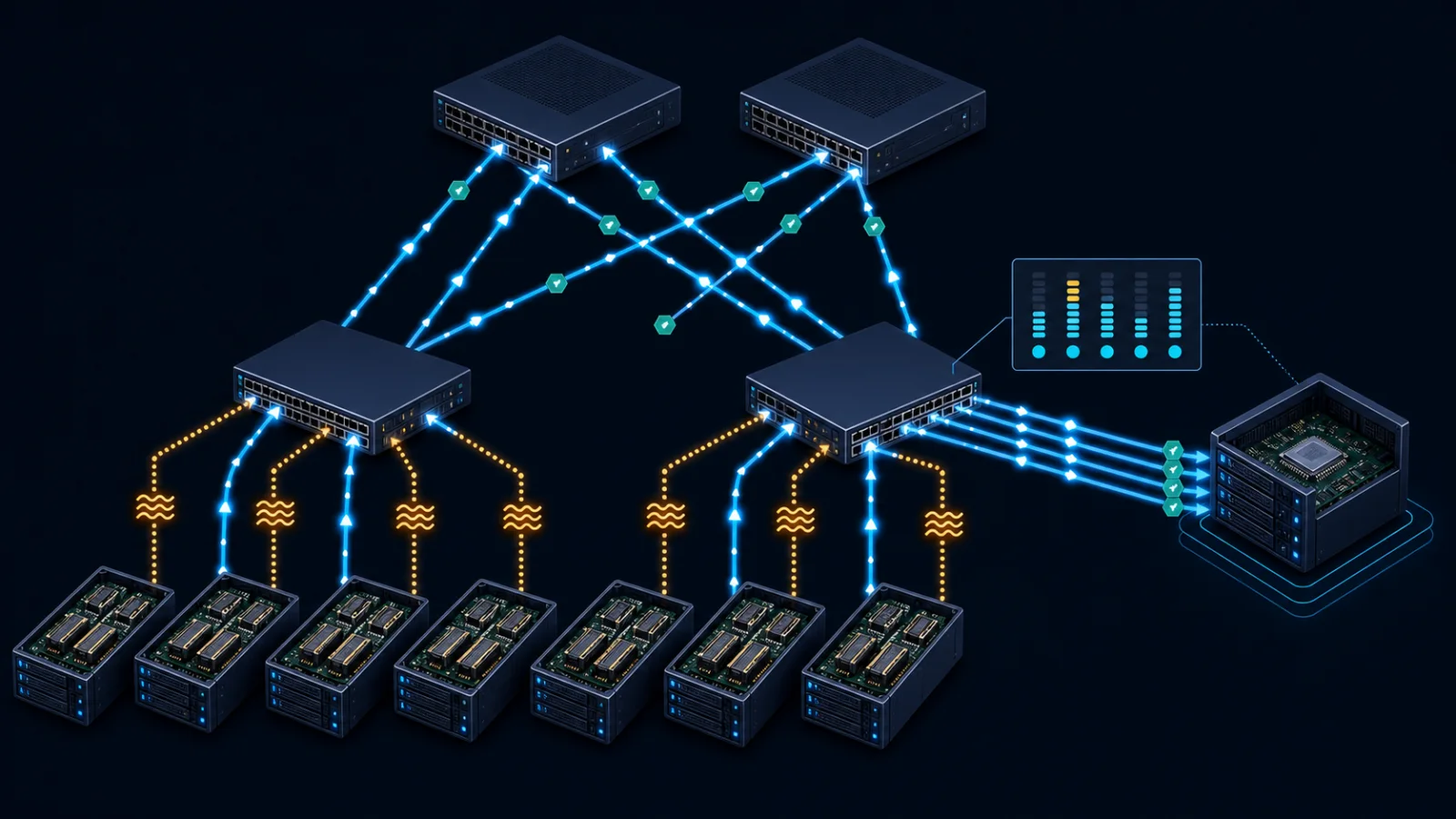 Topology RoCEv2 leaf-spine với nhiều sender incast tới receiver, PFC, ECN và telemetry theo queue