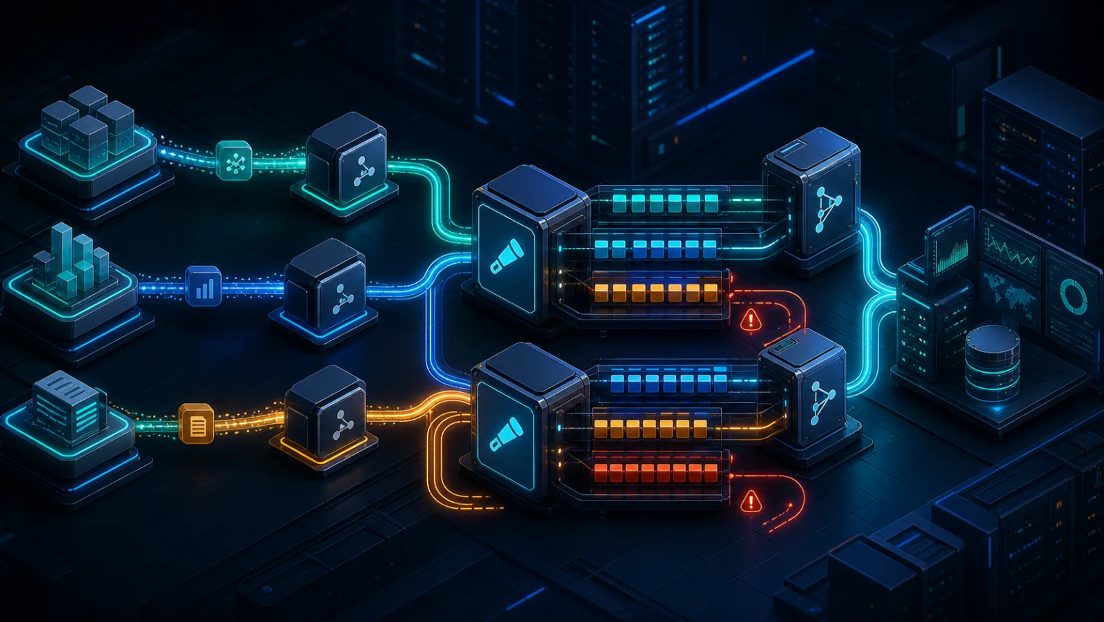 Ứng dụng gửi traces metrics logs qua OpenTelemetry Collector tới backend, với queue và điểm đo mất dữ liệu