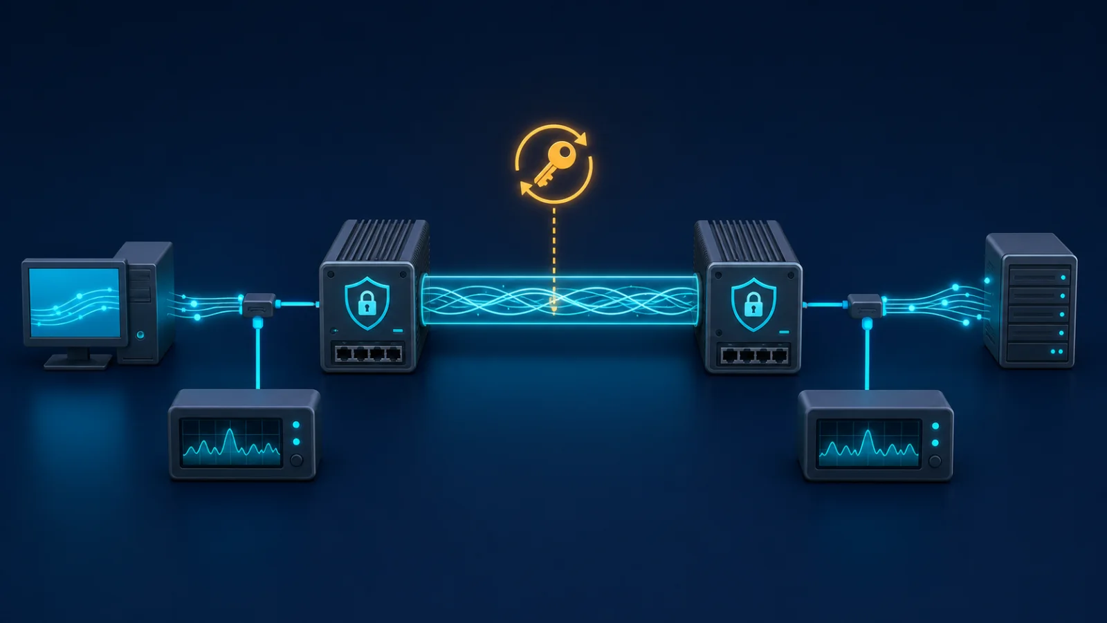 Topology kiểm thử MACsec với điểm đo trước và sau miền mã hóa