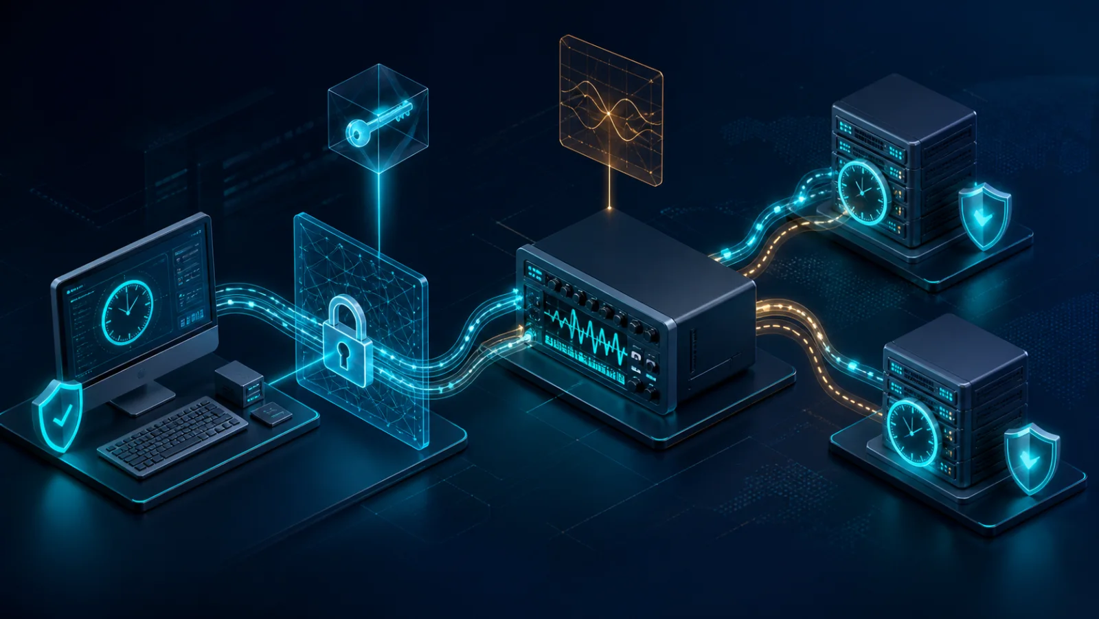 NTP client thực hiện NTS key establishment rồi trao đổi bản tin thời gian qua mạng mô phỏng