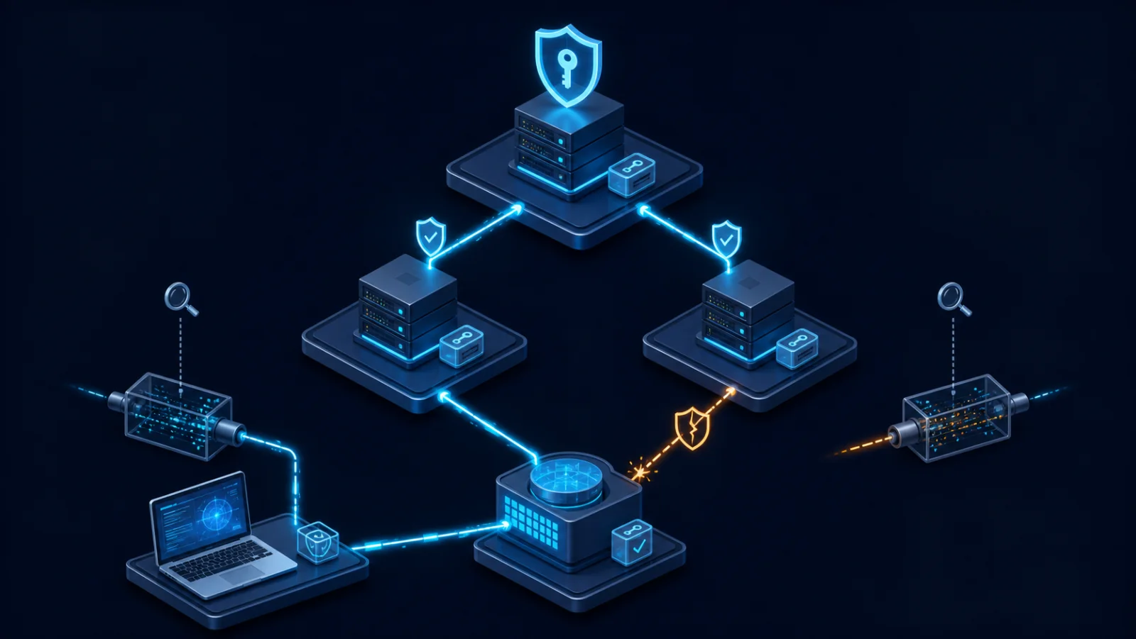 Topology kiểm thử DNSSEC gồm authoritative DNS, parent zone, recursive resolver, client và các điểm packet capture