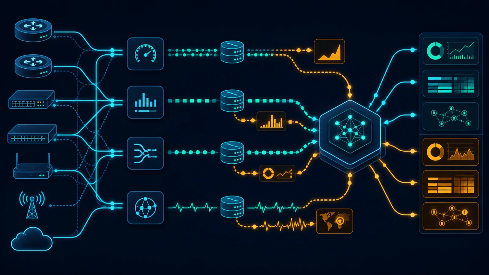 Kiến trúc giám sát kết hợp SNMP, model-driven telemetry, NetFlow, synthetic assurance và hệ thống phân tích