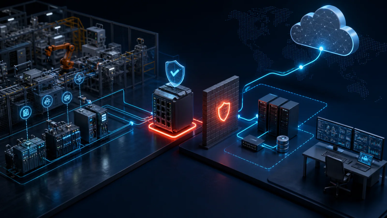 Topology OT với Haiwell IoT Cloud HMI Gateway, firewall, cloud service, engineering workstation và vùng giám sát