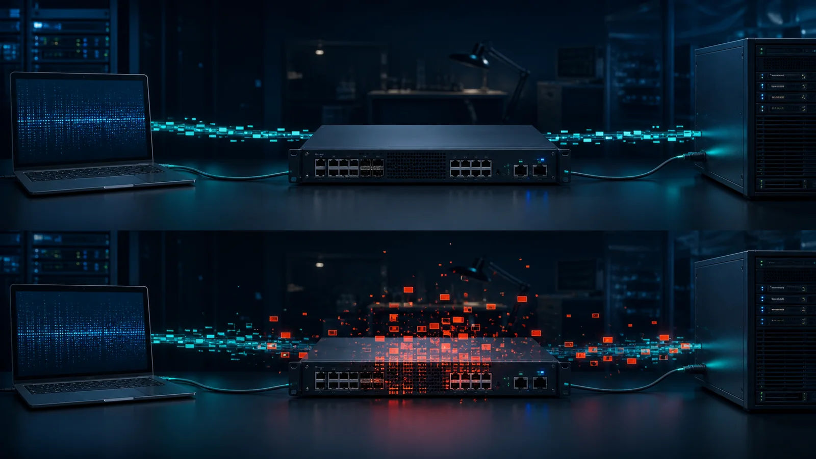 Network emulator chuyển giữa trạng thái mạng tốt và xấu để tạo packet loss theo cụm giữa client và server