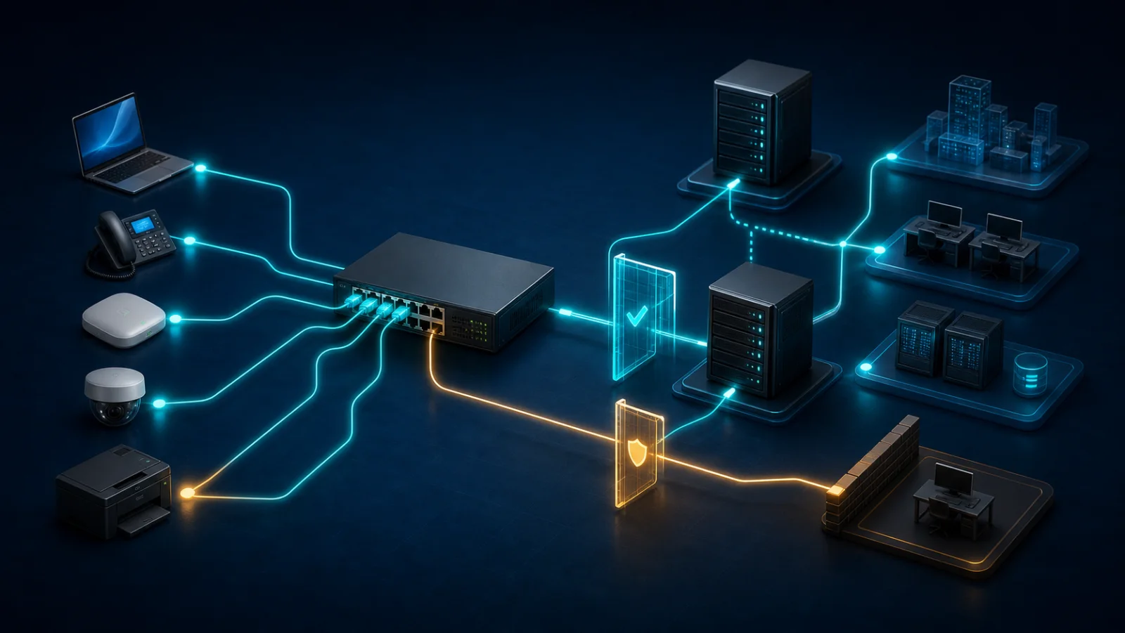 Endpoint xác thực qua switch access tới cặp RADIUS policy server và được cấp VLAN ACL