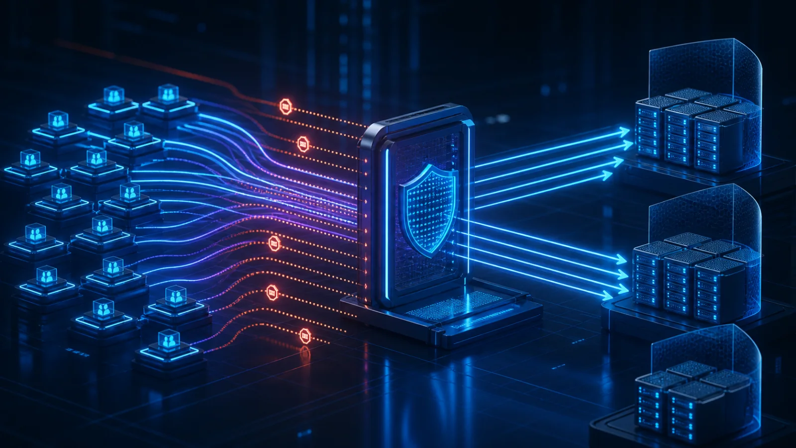 Nhiều API client gửi burst qua gateway có rate limiter tới backend service