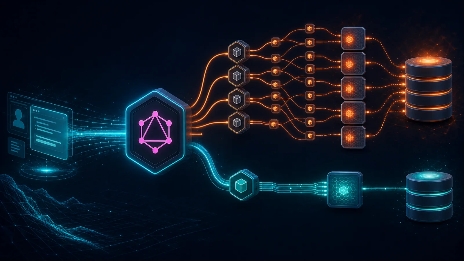 Client gửi nhiều query GraphQL qua gateway tới resolver, cache và database