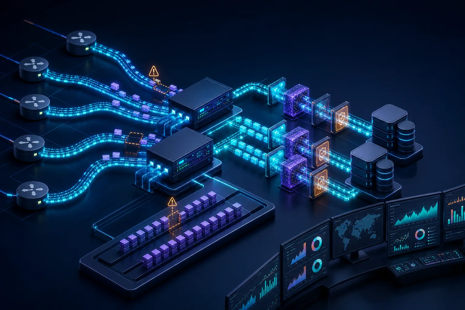 Nhiều router xuất IPFIX qua mạng tới collector và hệ thống phân tích