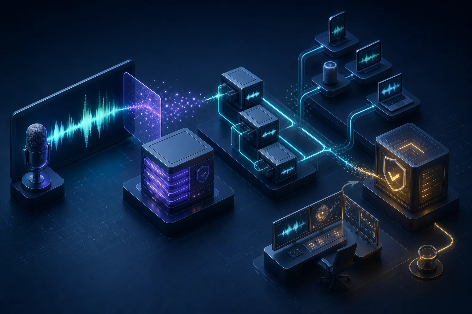 Luồng audio AI đi qua watermarking, lưu trữ, biến đổi và API xác minh provenance