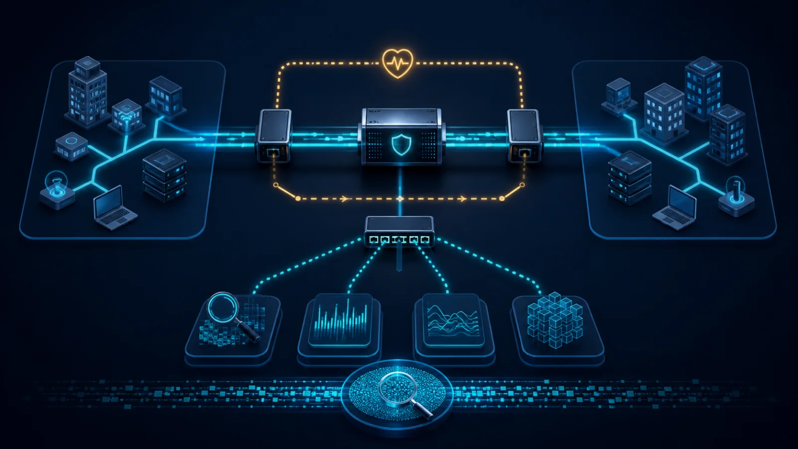 Topology kiểm thử network TAP và bypass switch giữa hai thiết bị mạng, công cụ inline, packet capture và traffic generator