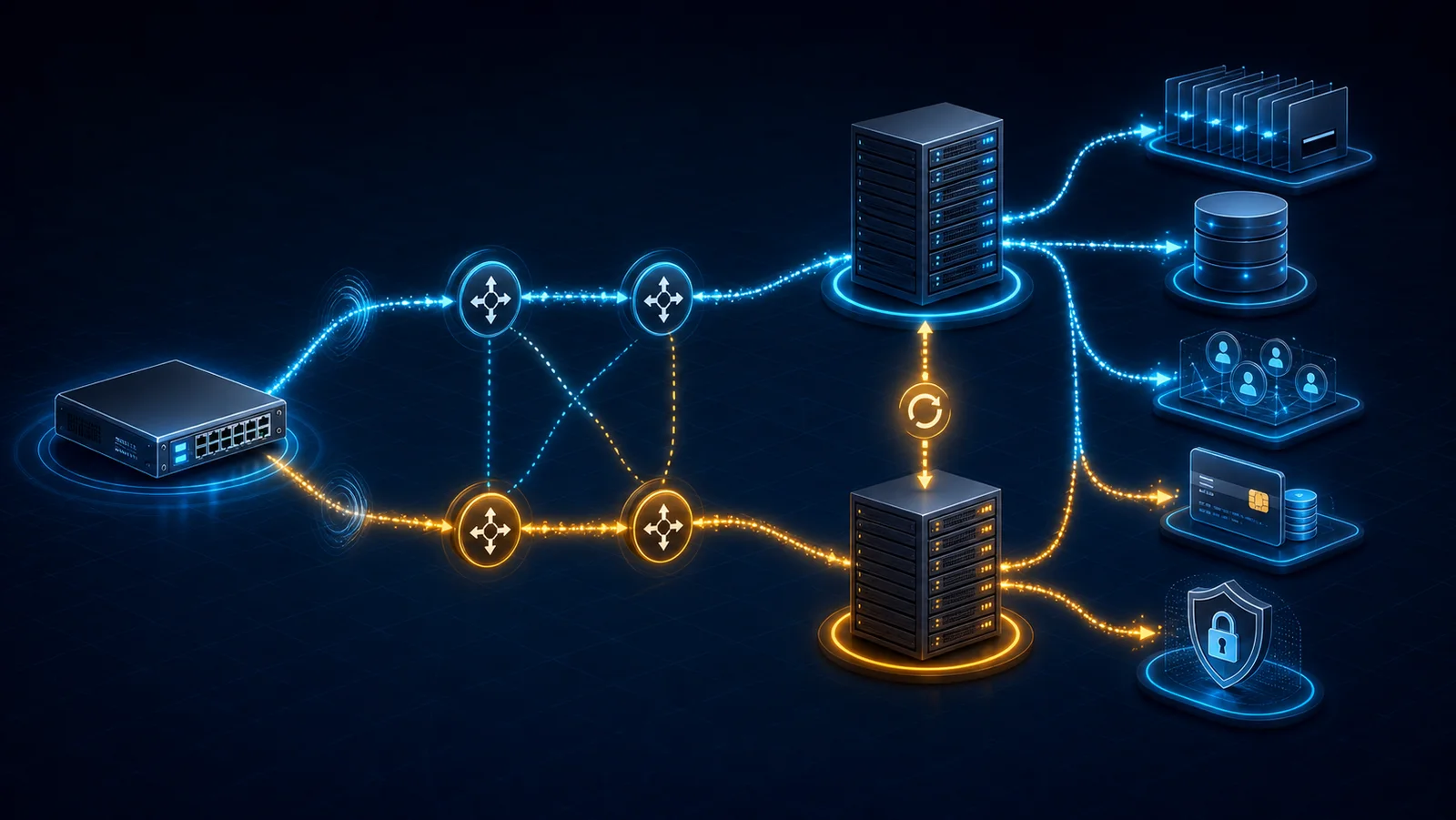 NAS gửi RADIUS accounting qua hai đường tới cụm server và pipeline lưu dữ liệu phiên