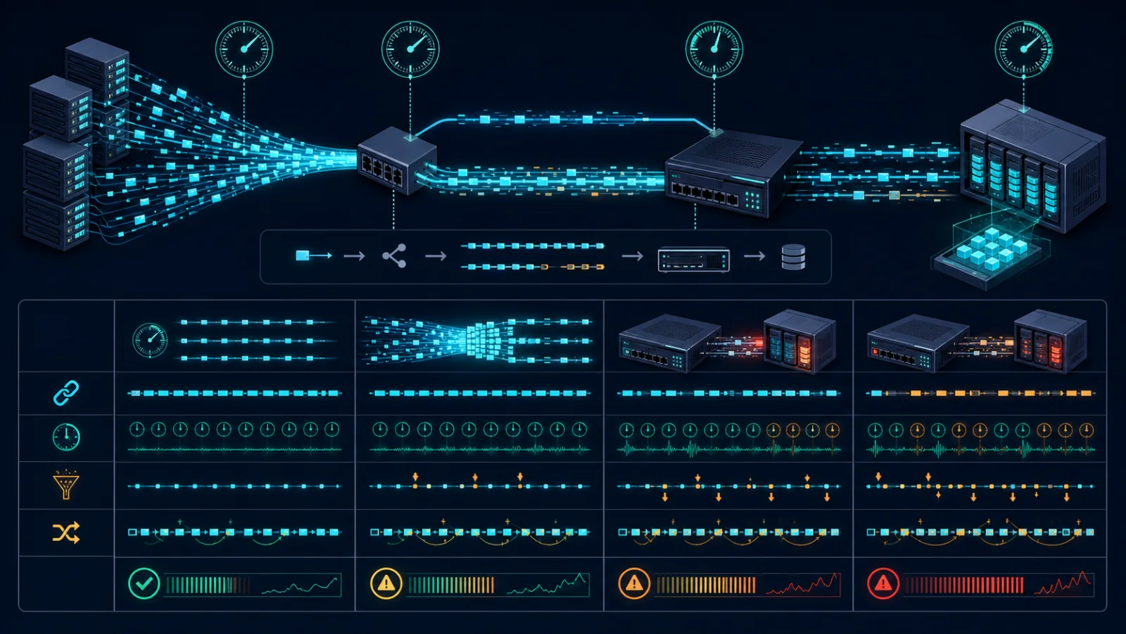 Ma trận hiệu chuẩn timestamp, packet loss và ordering dưới tải