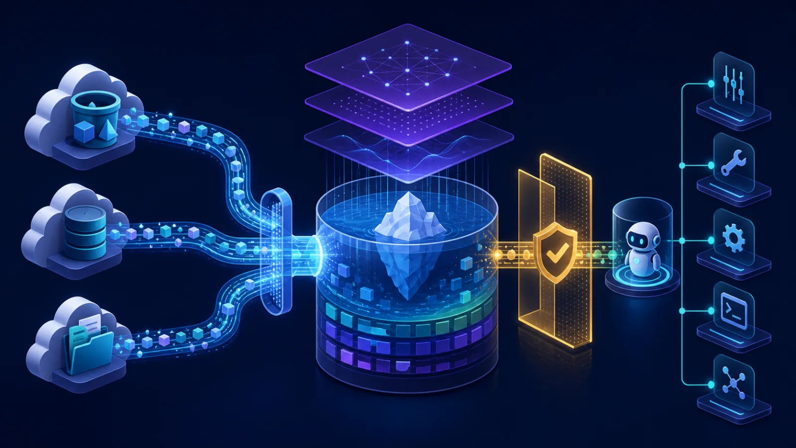 Nguồn dữ liệu cloud đi qua dịch vụ truyền dữ liệu vào bảng Iceberg và công cụ MCP