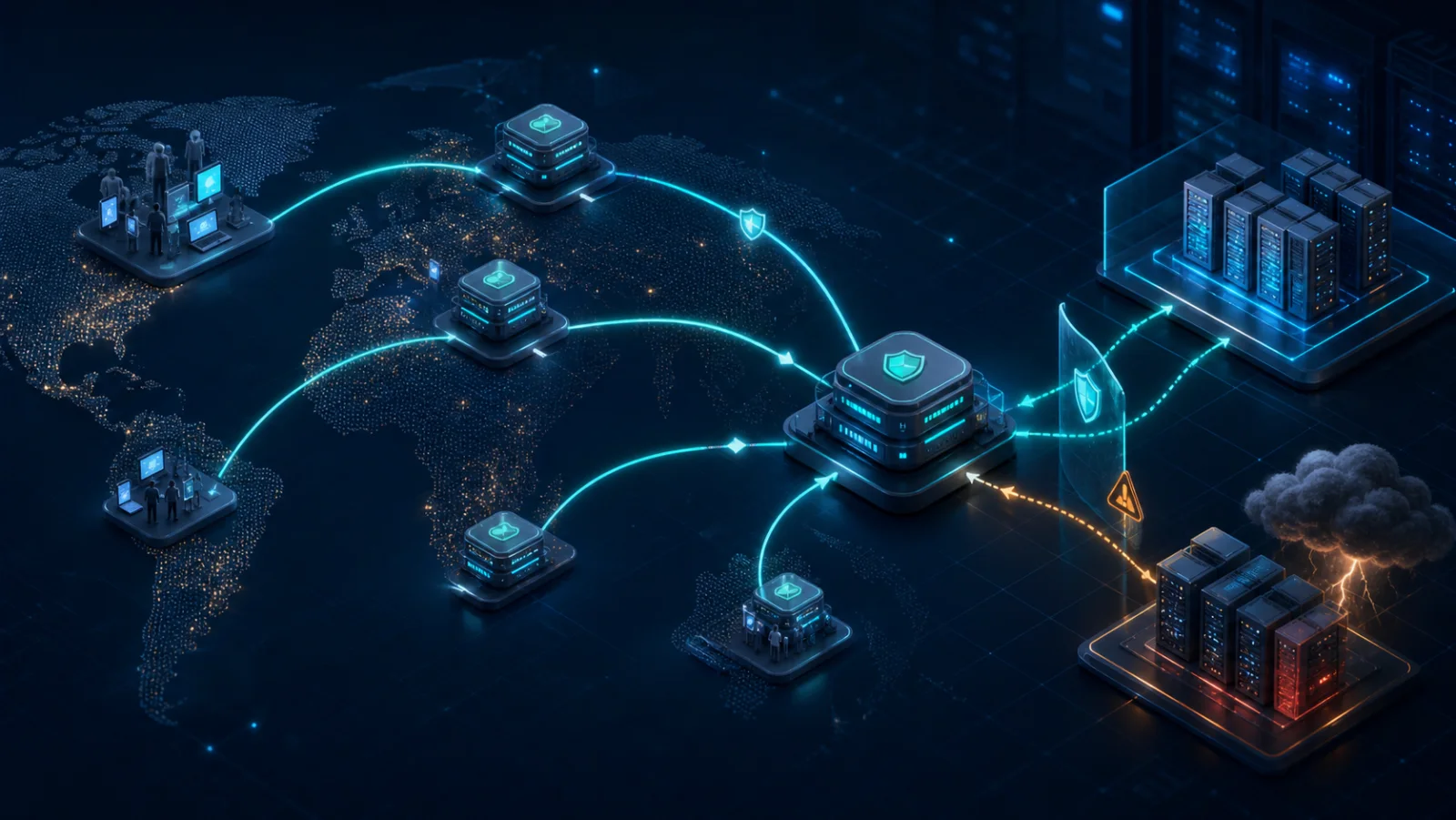 Nhiều client truy cập các CDN edge, origin shield và origin trong bài kiểm thử cache có kiểm soát