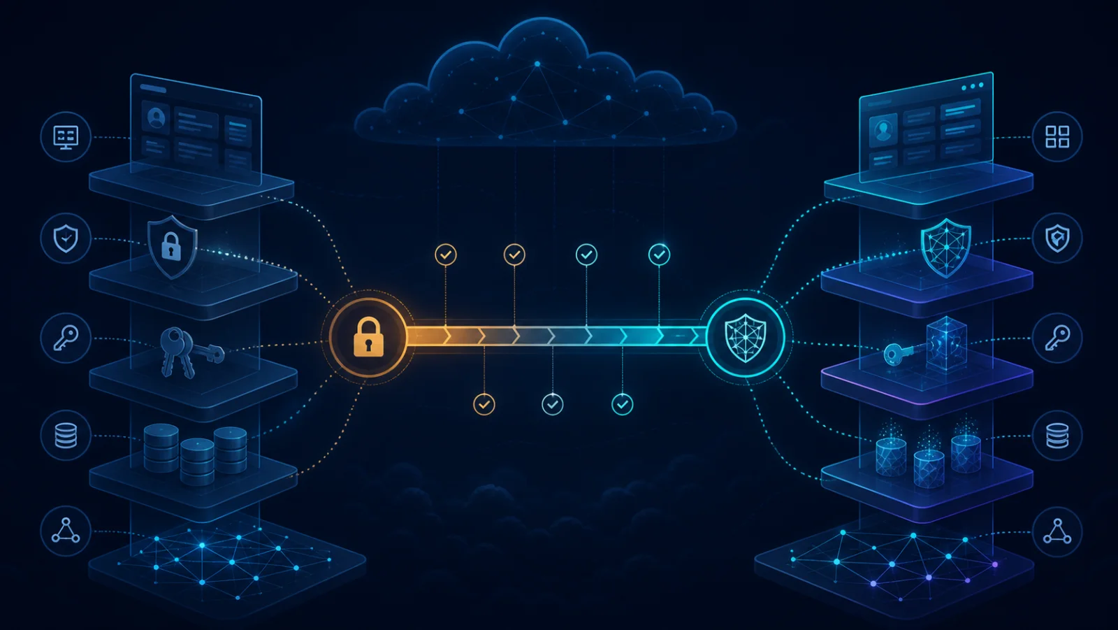 Các lớp cloud, kết nối, khóa và ứng dụng được lập bản đồ để chuyển đổi post-quantum cryptography