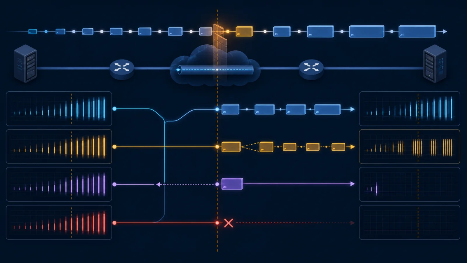 Ma trận kích thước gói thể hiện delivery, fragmentation, PMTUD và silent drop