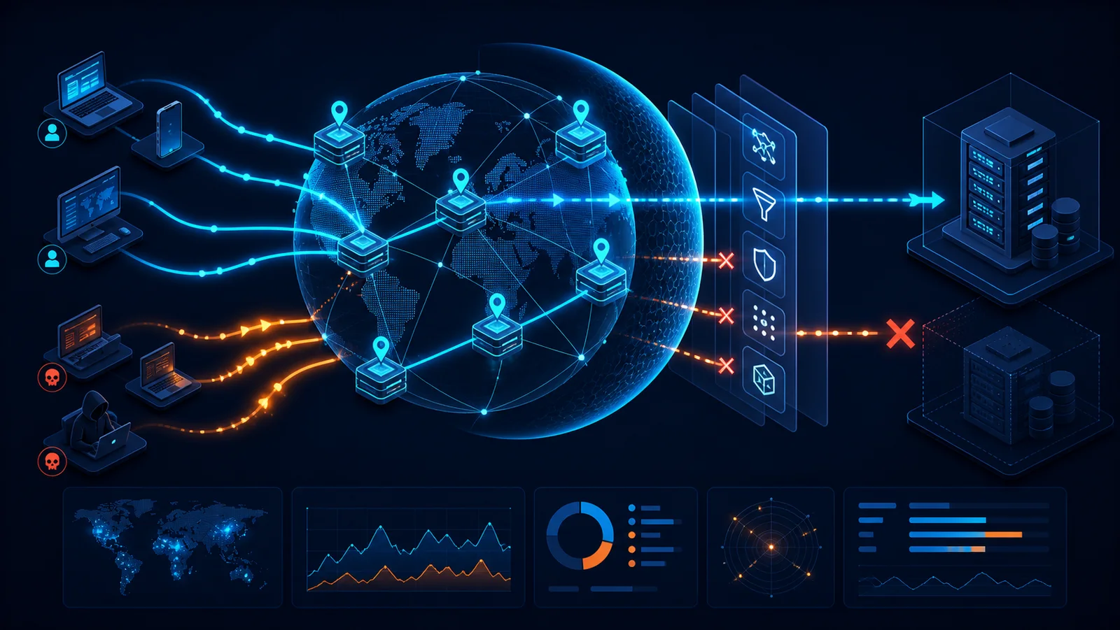 Traffic hợp lệ và DDoS đi qua CDN hoặc trực tiếp tới origin, được kiểm tra gần dịch vụ