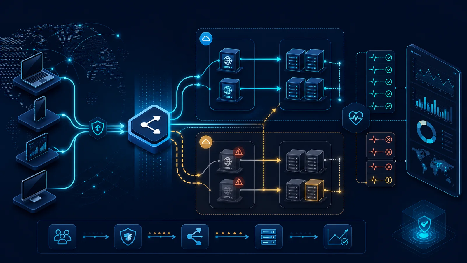 Cloud load balancer phân phối traffic qua hai zone tới nhiều backend và điểm đo client
