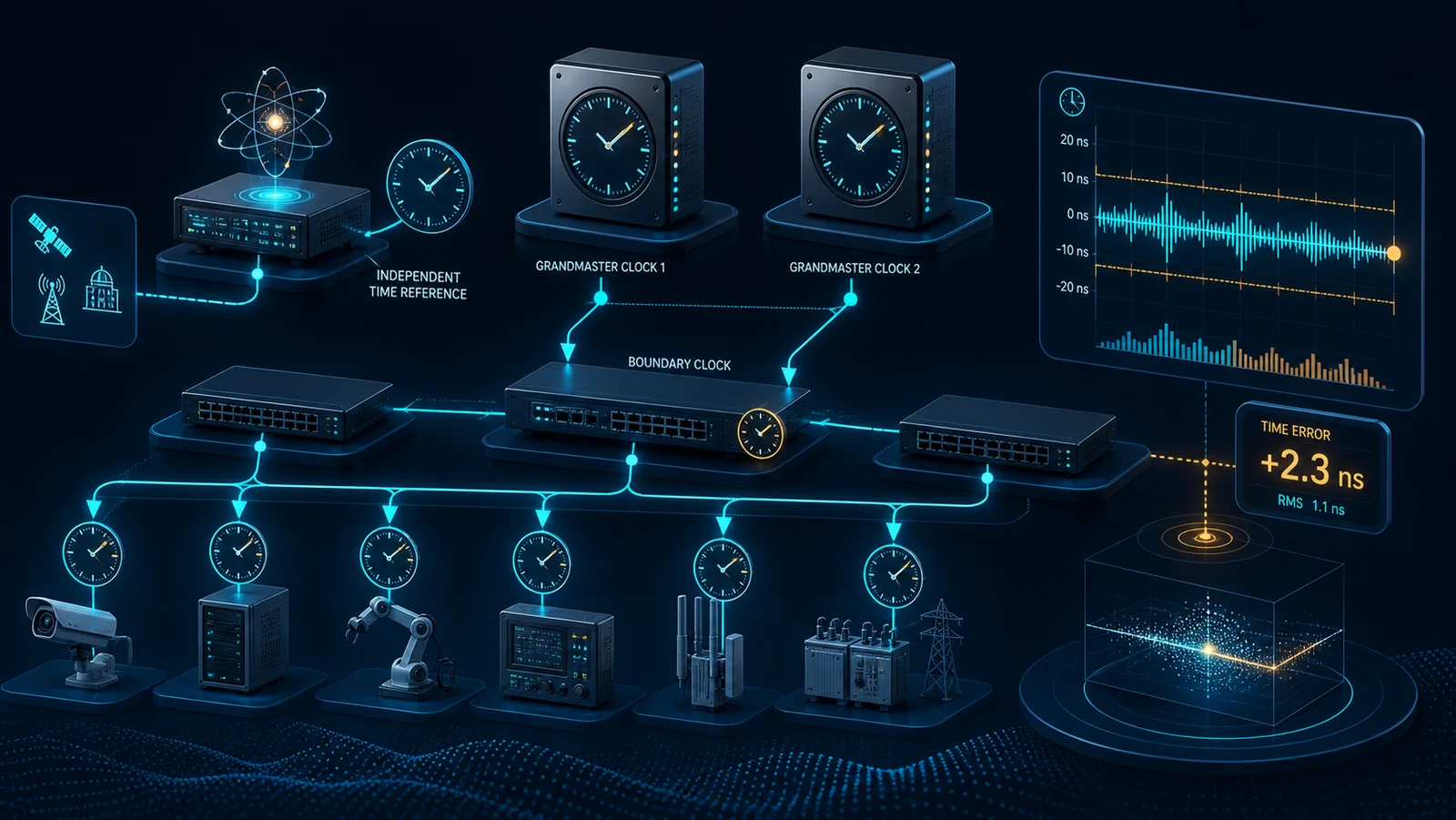 Topology PTP gồm hai grandmaster, boundary clock, slave clock và điểm đo thời gian