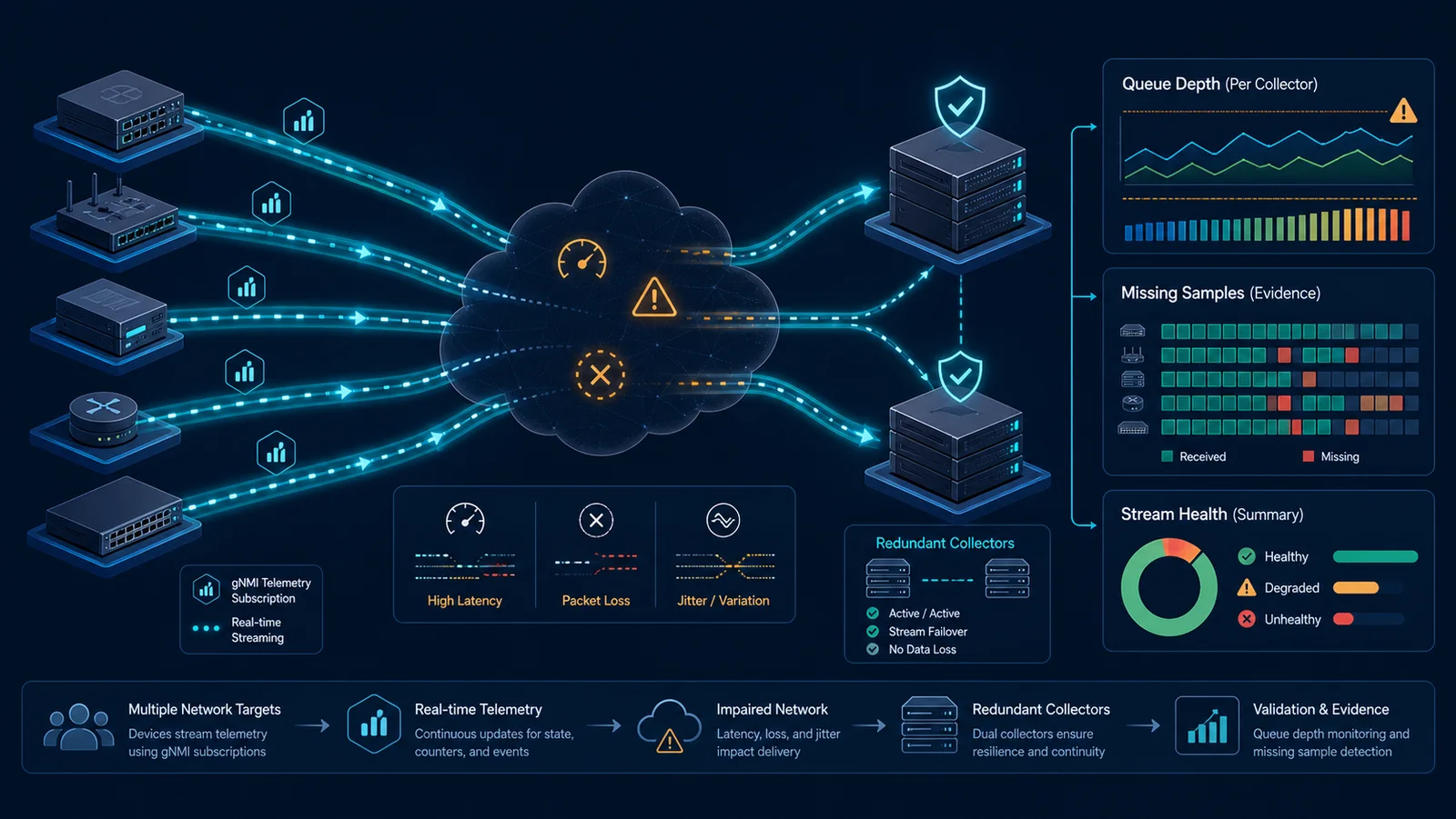 Topology gNMI gồm thiết bị mạng, collector dự phòng và các điểm đo queue