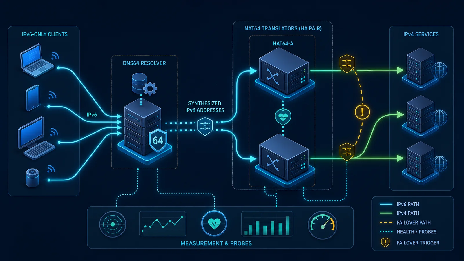 Topology IPv6-only qua DNS64 và cặp NAT64 tới dịch vụ IPv4