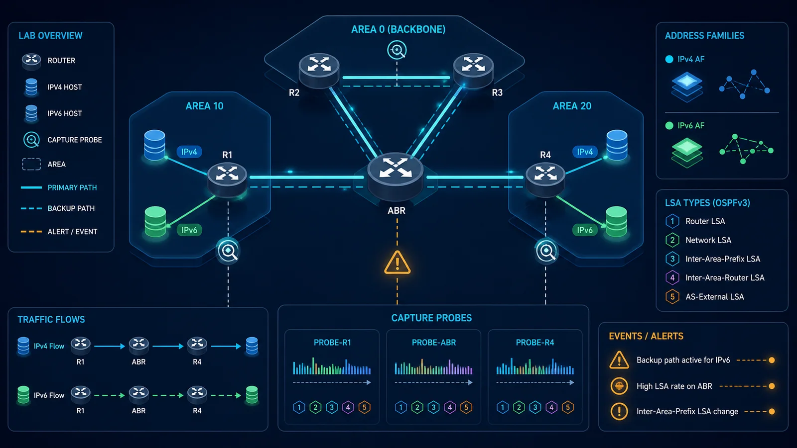 Topology OSPFv3 nhiều area với router ABR, hai address family và điểm capture