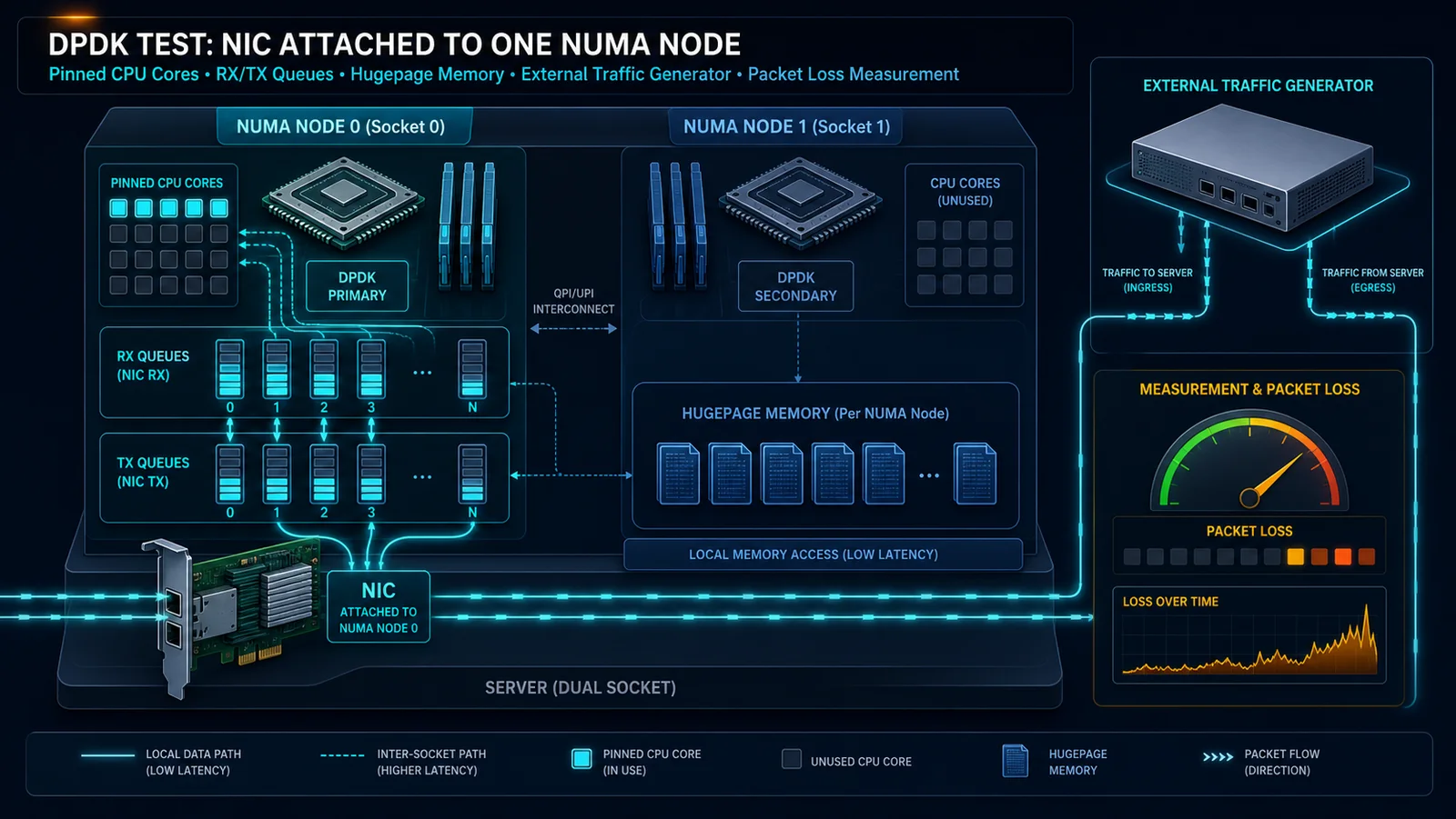 Máy chủ hai NUMA node với NIC, CPU core, hugepage và traffic generator
