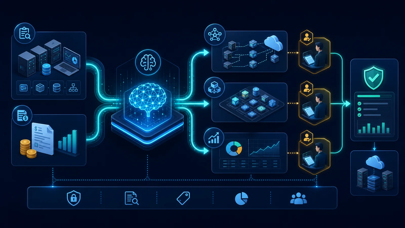 Dữ liệu inventory đi vào Migration Center và tạo service mapping, BOM, TCO cùng báo cáo kiểm chứng