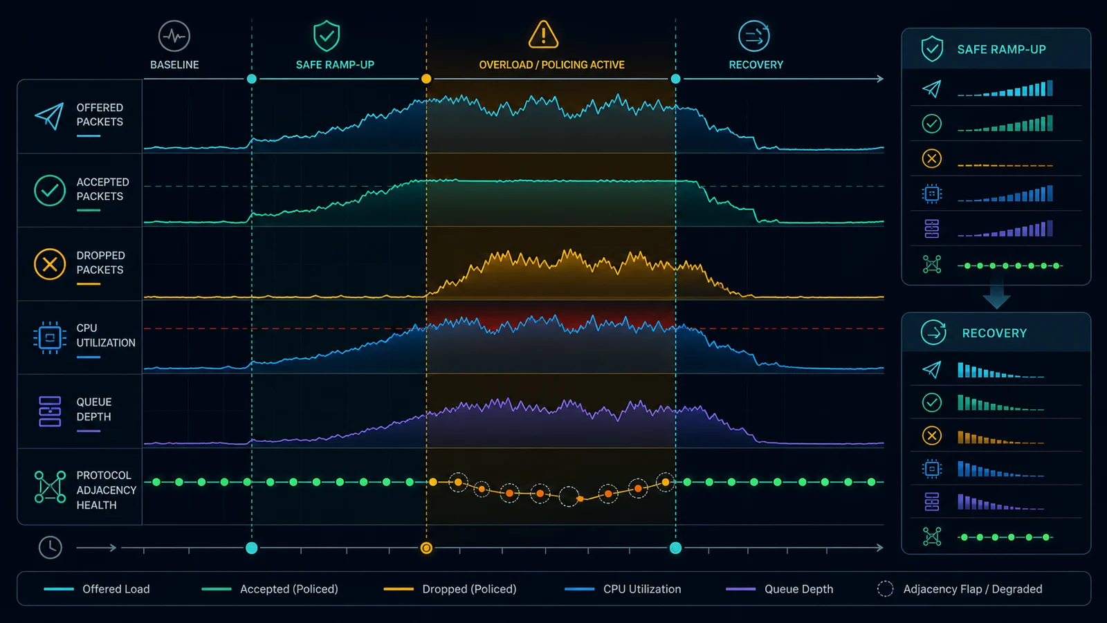 Timeline CoPP liên kết rate, drop, CPU và trạng thái giao thức