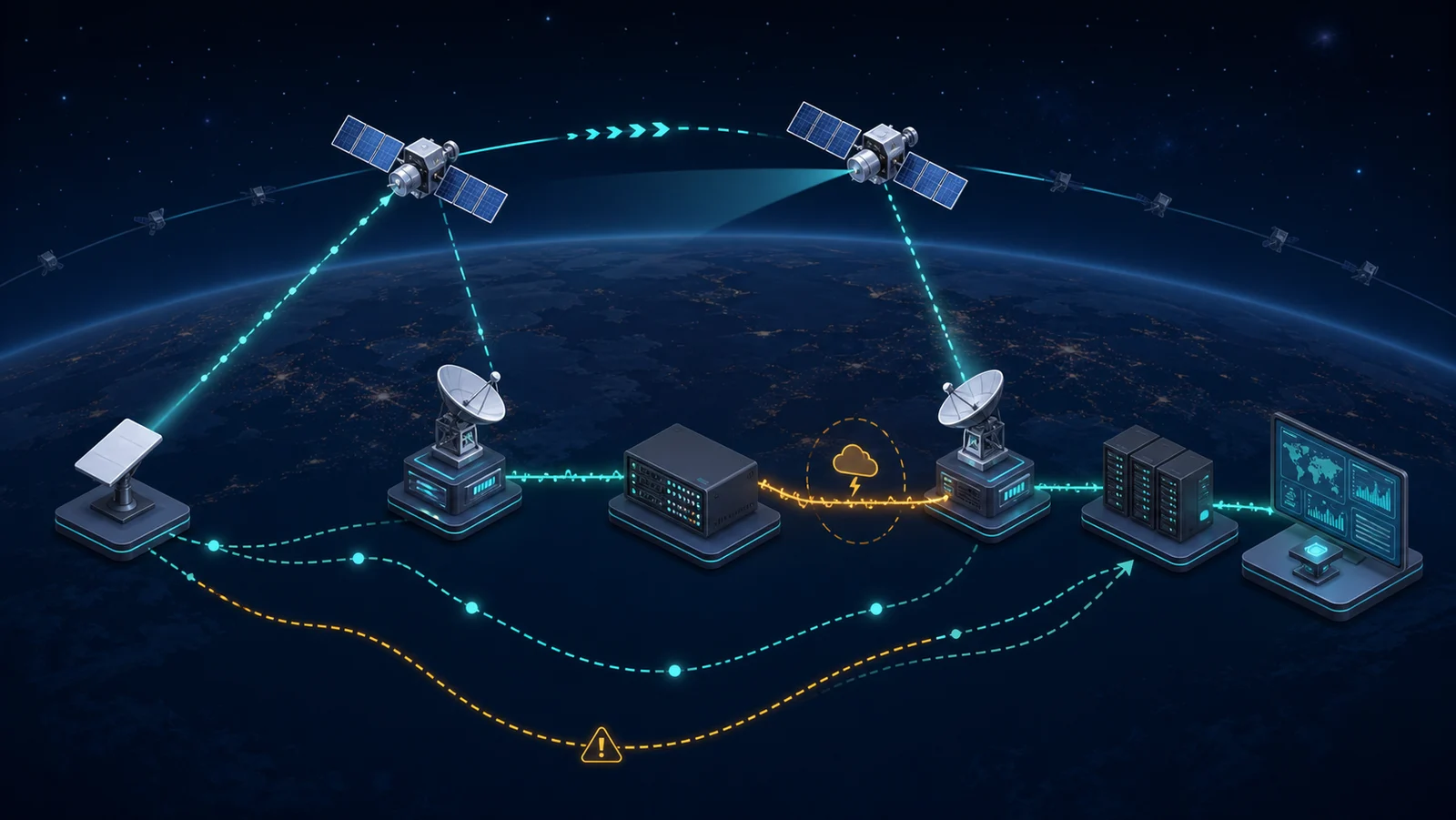 Terminal người dùng chuyển giữa hai vệ tinh LEO với gateway và network emulator trên đường dữ liệu