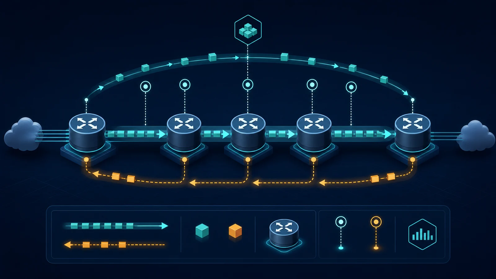 MPLS ingress gửi LSP Ping qua nhiều LSR tới egress và nhận echo reply theo đường phản hồi