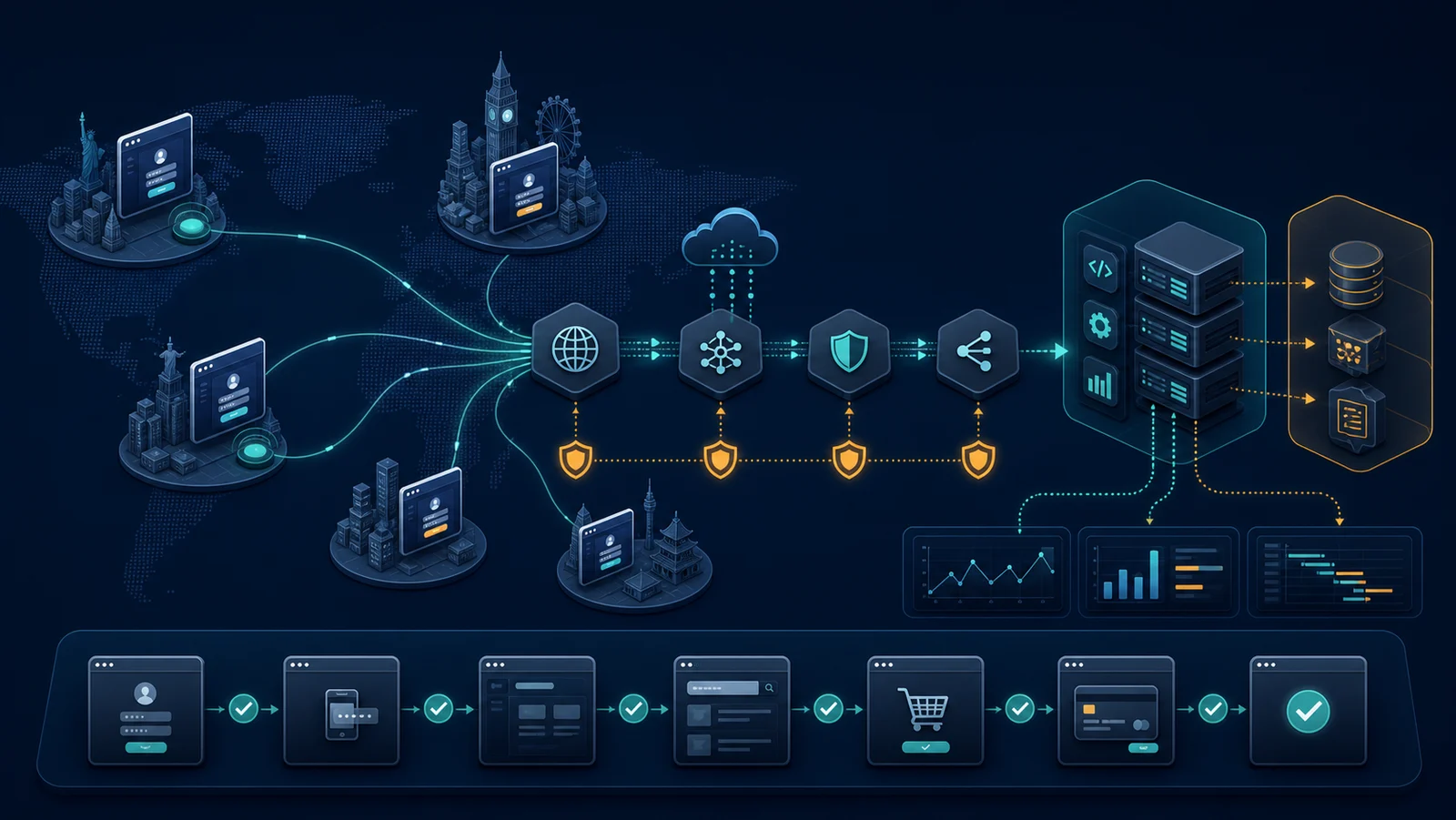 Browser probe chạy hành trình đăng nhập và giao dịch qua DNS CDN load balancer tới ứng dụng